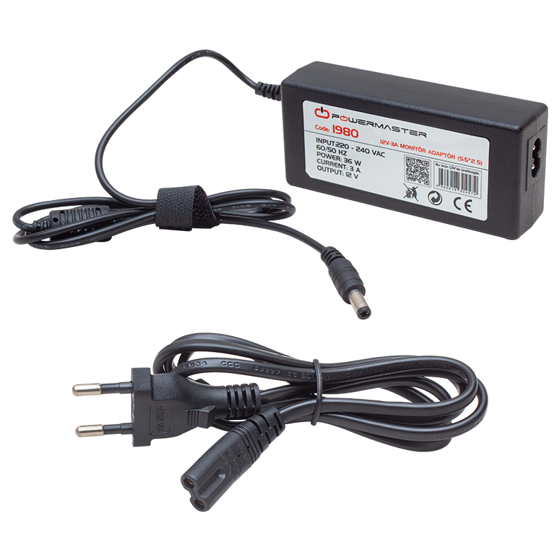 POWERMASTER PM-1980 12V 3A PLASTİK KASA KABLOLU ADAPTÖR 5.5 2.5 UÇ